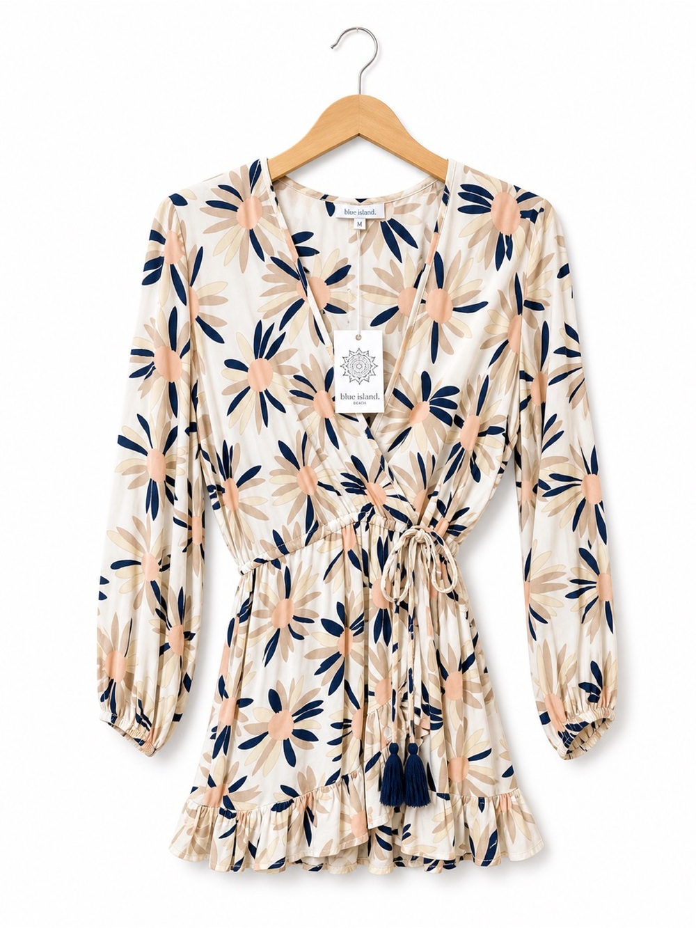 Blue Island Beach Floral Wrap Dress Size M Boho Tassel Tie Long Sleeve New Tags
